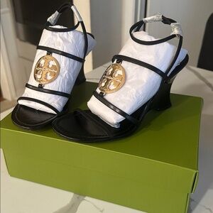 Tory Burch Black Wedge Sandals with Gold Accent